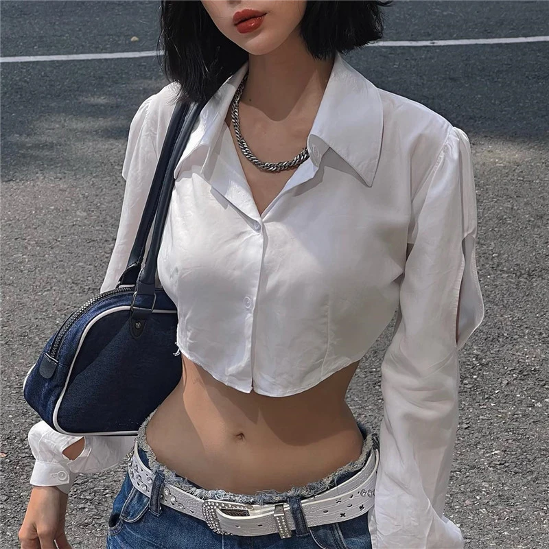 MEXZT Y2K 2000S Cropped White Shirts Women Sexy Hollow Out Long Sleeve Blouses Summer Streetwear Korean Slim Chic Crop Tops New