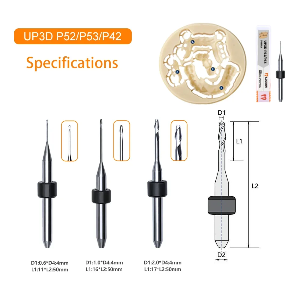 UP3D P52 P53 Dental Milling Burs for PMMA Zirconia Diamond Dental Materials D4 DC Coating CAD CAM System Dental Lab Cutter Tool