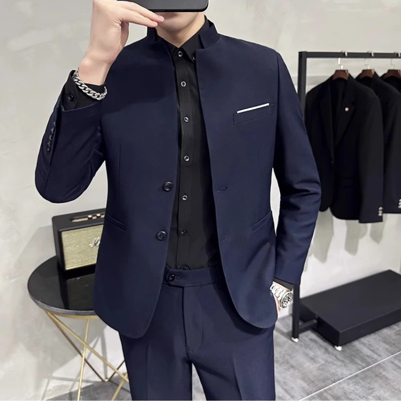 عالية الجودة الوقوف طوق دعوى الرجال 2 قطعة الأعمال الرسمية الدعاوى غير رسمية بلون مكتب حفل زفاف العريس السترة بنطلون