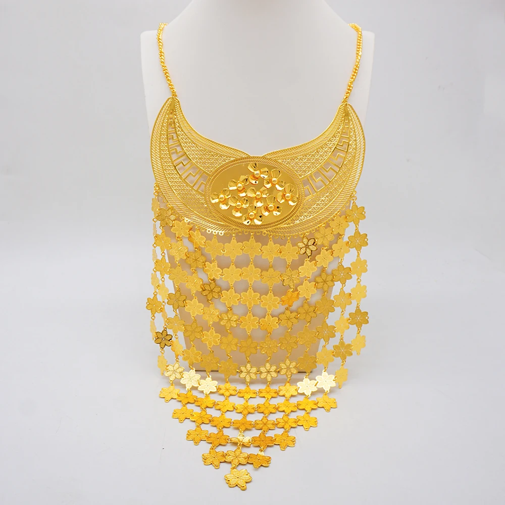 

24k Dubai Gold Plated Jewelry Set Copper Alloy Glitter Wide Body Necklace Earrings Wedding Jewelry Set