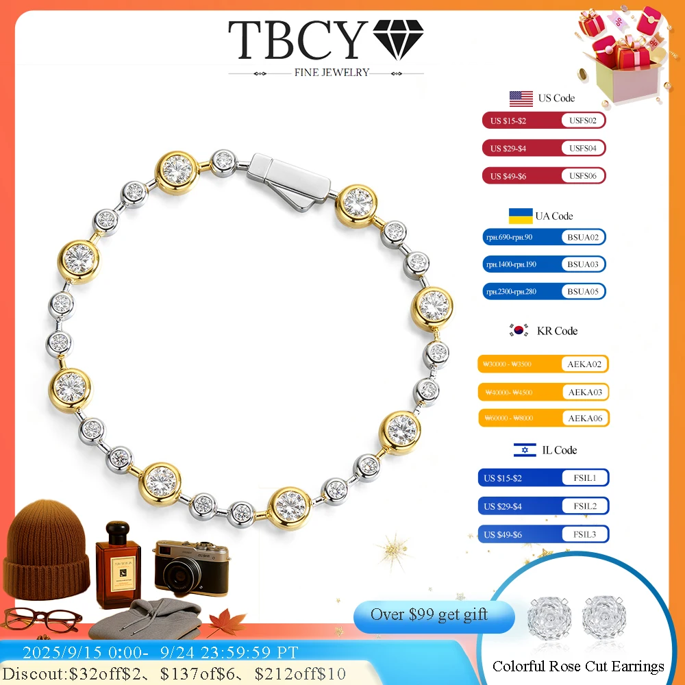 

TBCYD 5MM Round Full Moissanite Bubble Moissanite Tennis Bracelet for Women S925 Silver Gold Plated Two-tone Bezel Party Jewelry