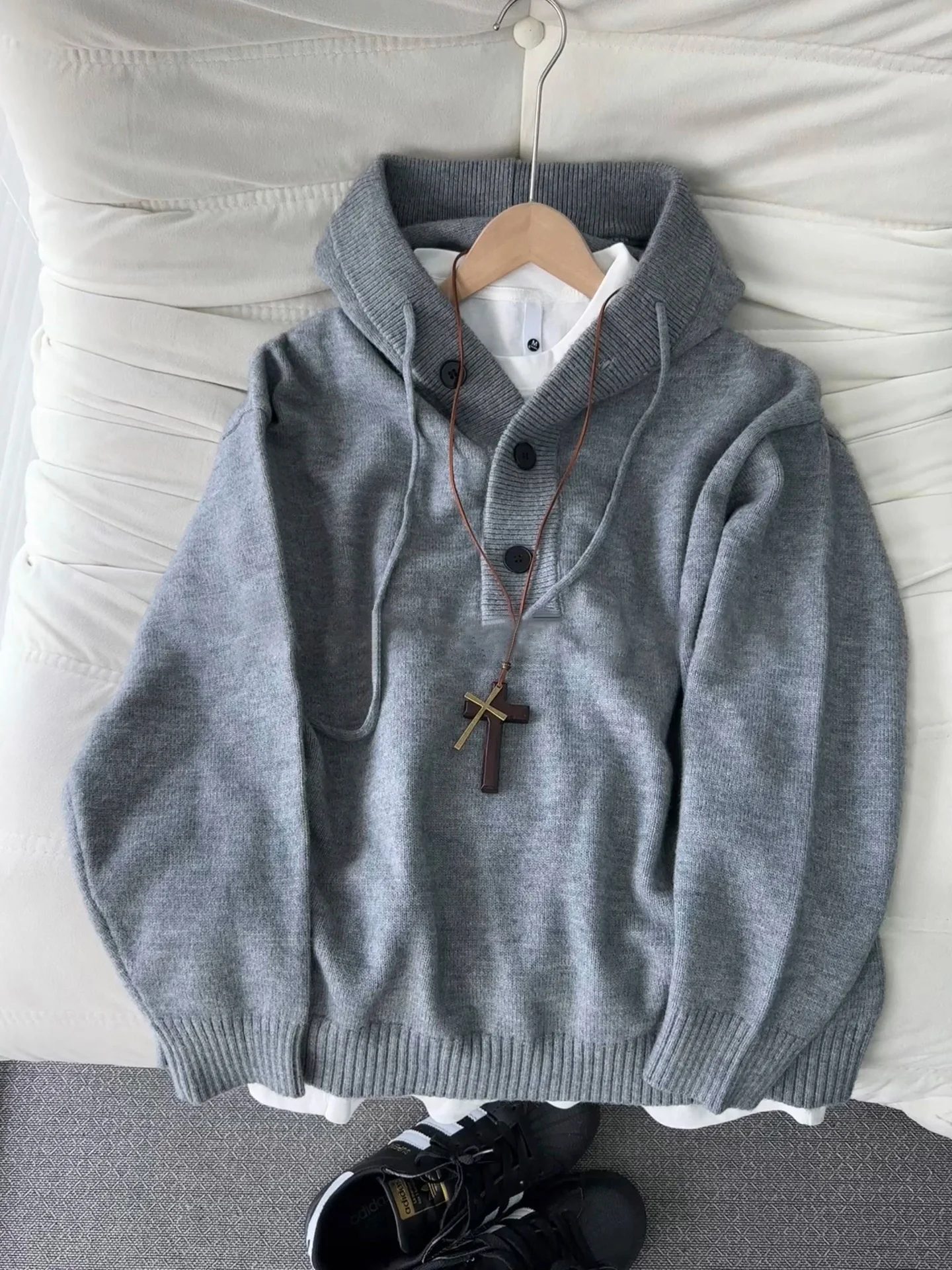 

Light ey Hooded Henry Collar Men's Knitwear Lazy Sle Soft Cozy Sweater Cleanfit Sweatirt Jaet Loose Fit Casual Wear