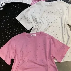 Neploe Simple Heavy Diamond Short Sleeve T-shirts Y2k Fashion O-neck Loose Tee Shirt 2024 Summer New Pink Cotton Tops Women