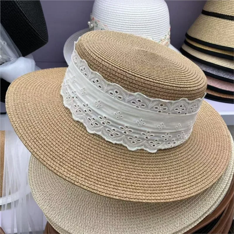 

Lace woven flat-topped hat for women vacation sunshade and