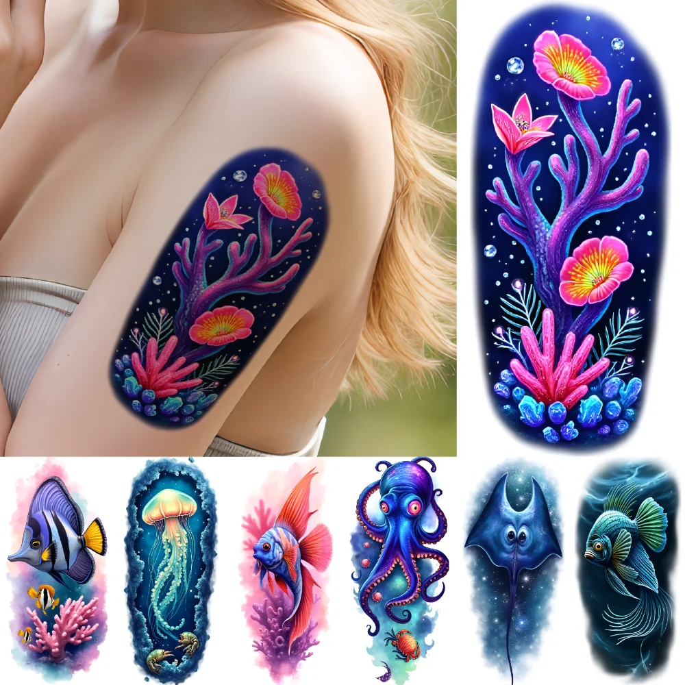 12pcs Temporary Tattoo Colorful Coral Waterproof Long-lasting Body Stickers Betta Fish Tropical Fish For Arms Back Shoulders