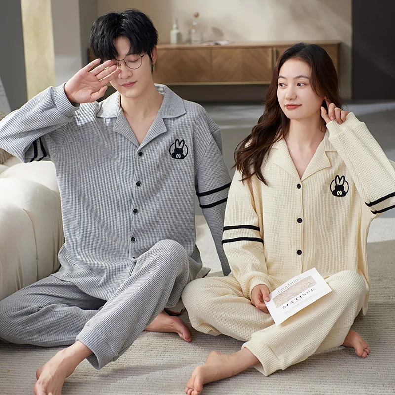 

Cotton Pajamas Women's Sleepwear Autumn Cardigan Nightwear Men Home Wear Waffle Pjs Korean Fashion Home Clothes pyjama homme