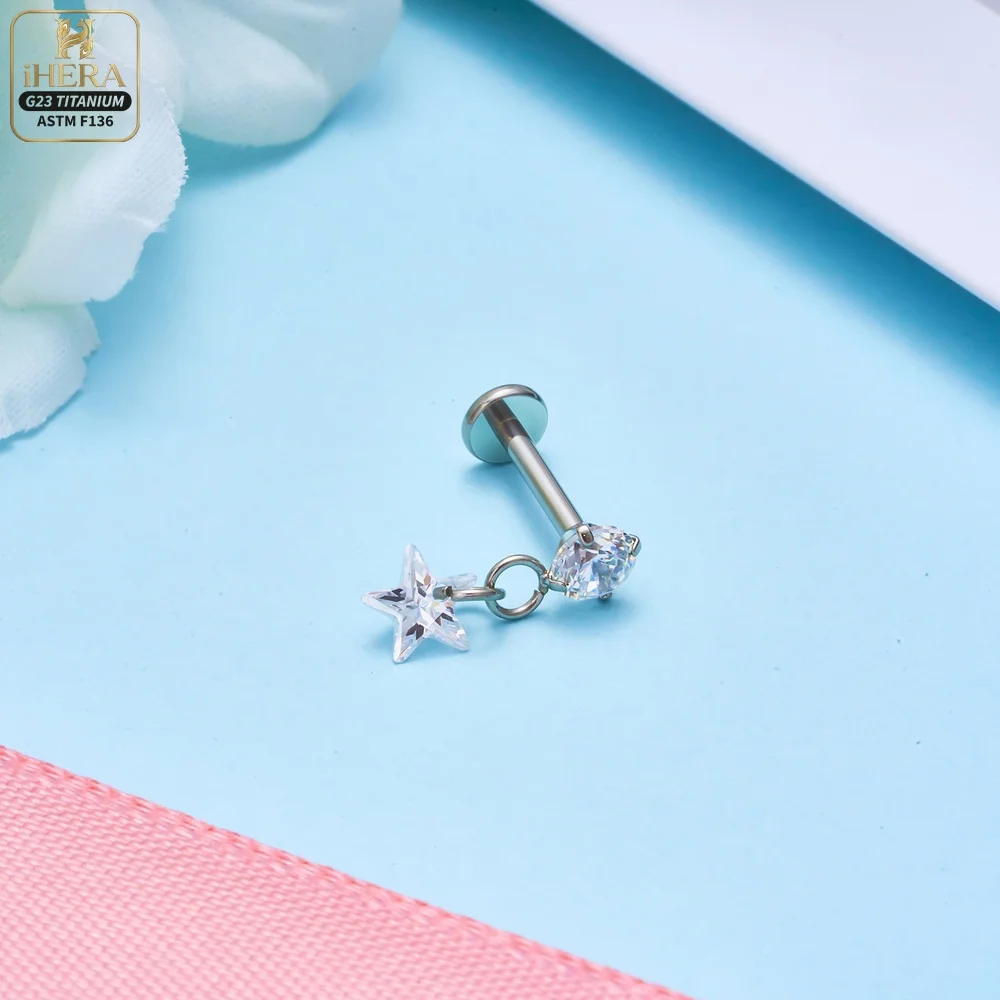 ASTM F136 Titan Gewindelose Dangle Star Pear Triangle CZ Blumen Flat Back Labret Lippen-, Ohr-, Tragus-, Helix-, Knorpelpiercing-Set – Detail 3