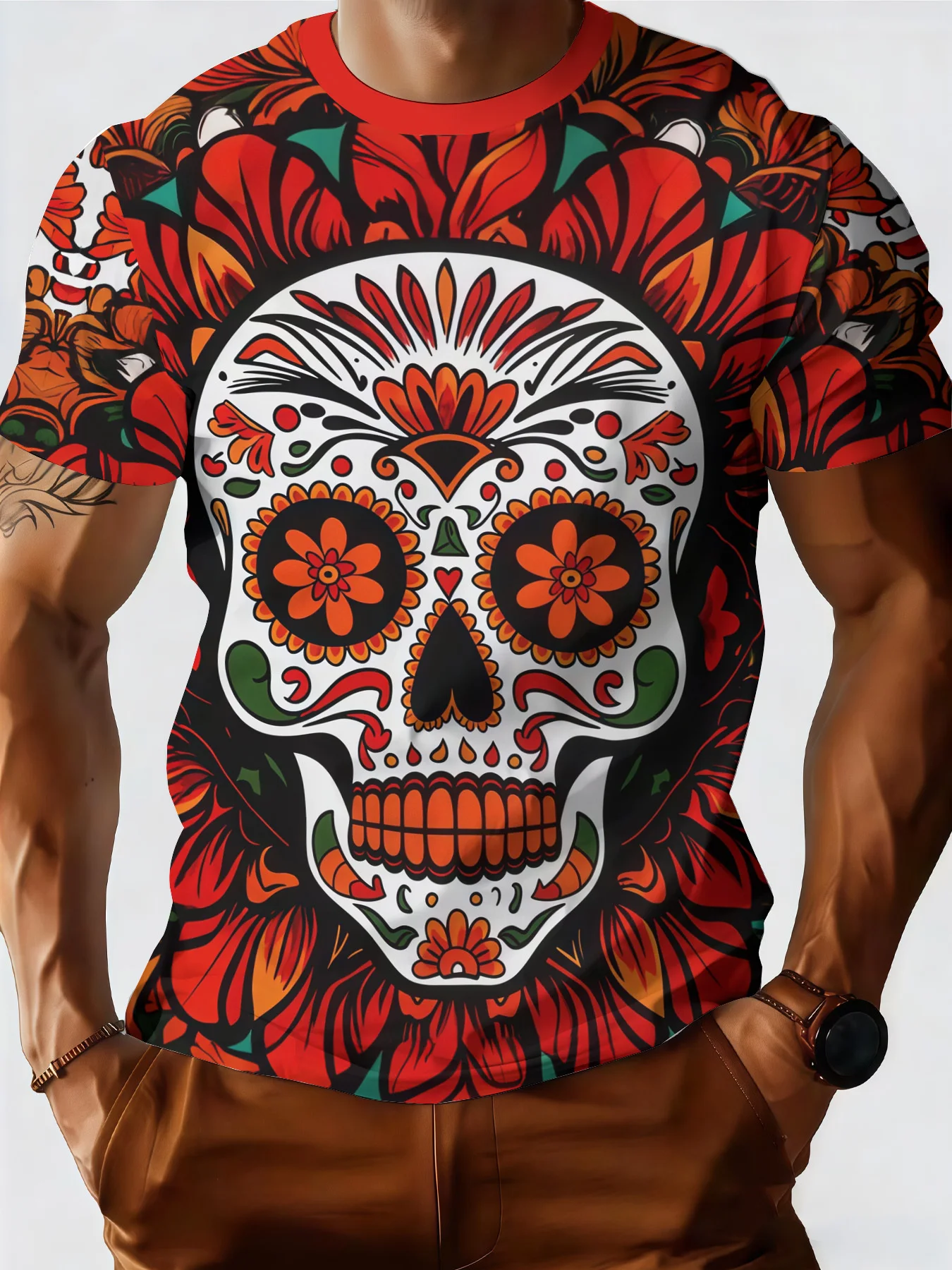 Herren-T-Shirt mit mexikanischem Zuckerschädel-Blumendruck, roter Rundhalsausschnitt, lässiges Oberteil für den Tag der Toten – Detail 2