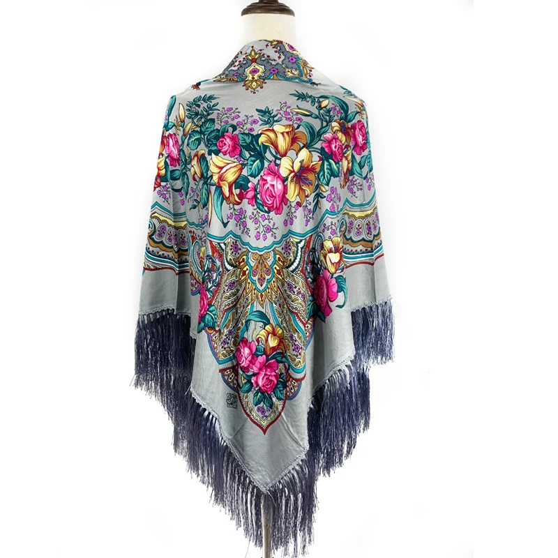 140*140cm New Design Women Russian Square Scarf Retro Floral Printed Fringed Handkerchief Ethnic Shawls BabushkaHead Wraps