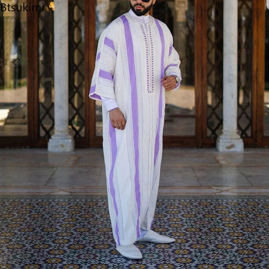 Mens Moslim Abaya Paars Lange Mouw Thobe Midden-oosten Saudi Arabische Kaftan Islamitische Abaya Jurk Dubai Gewaden Met Gestreept Patroon