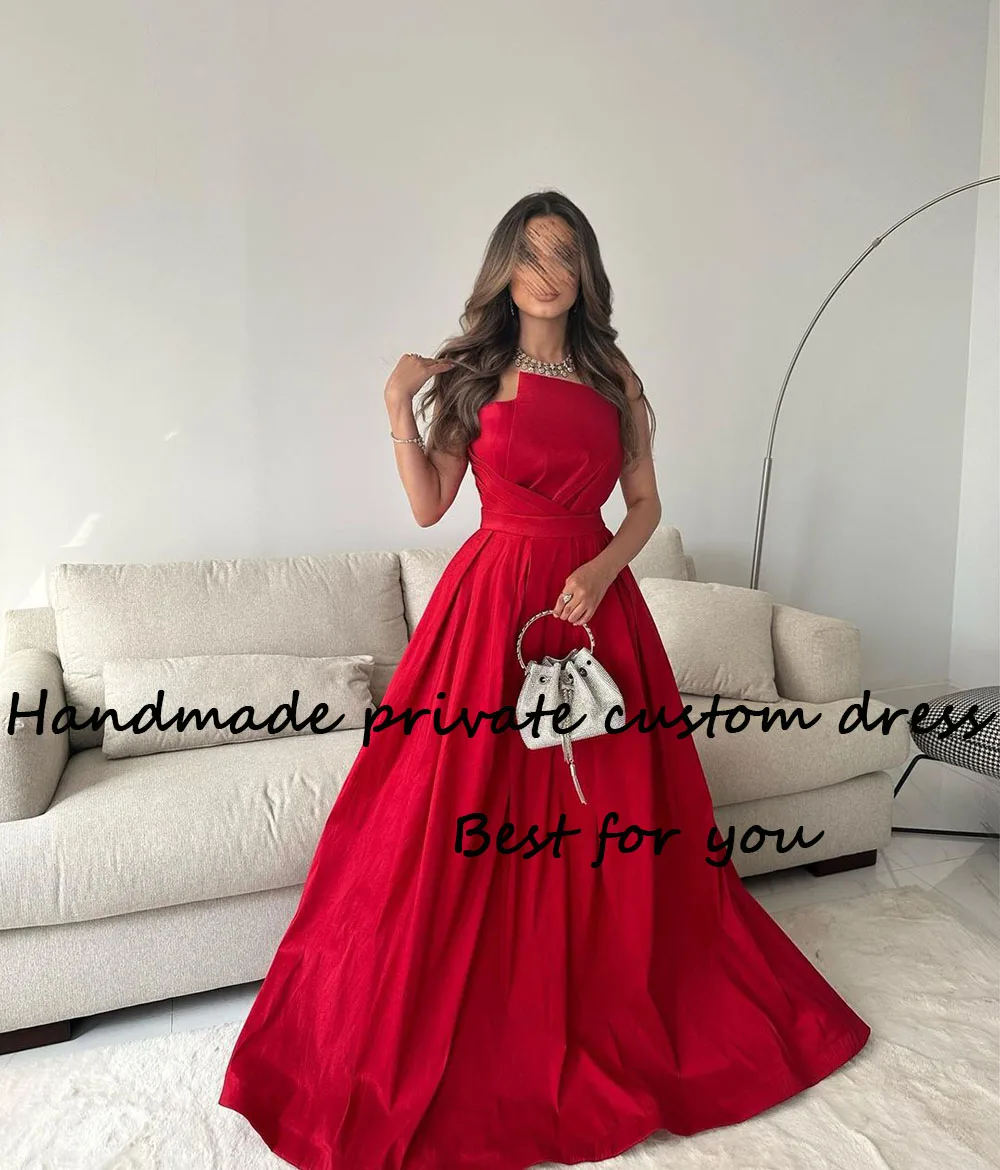 Viisher Red A Line Prom Party Dresses for Women One Shoulder Pleats Satin Long Evening Dress Floor Length Arabic Formal Dress