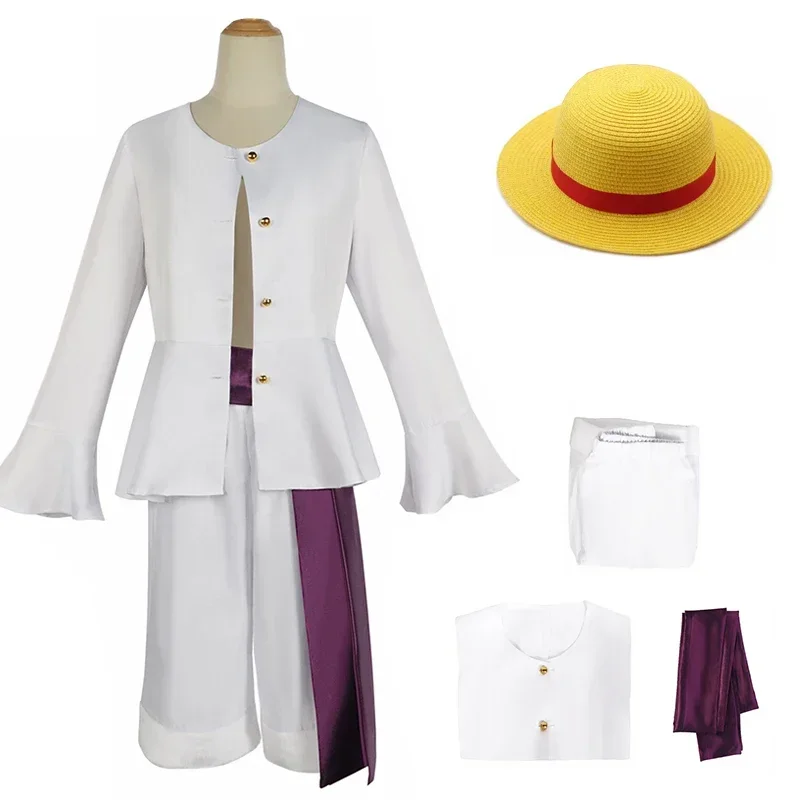 

Luffy Cosplay Gear 5 Nika Luffy Cosplay Costume Adult Men White Clothes Top Pants Hat Suit Halloween Costumes Party for Men