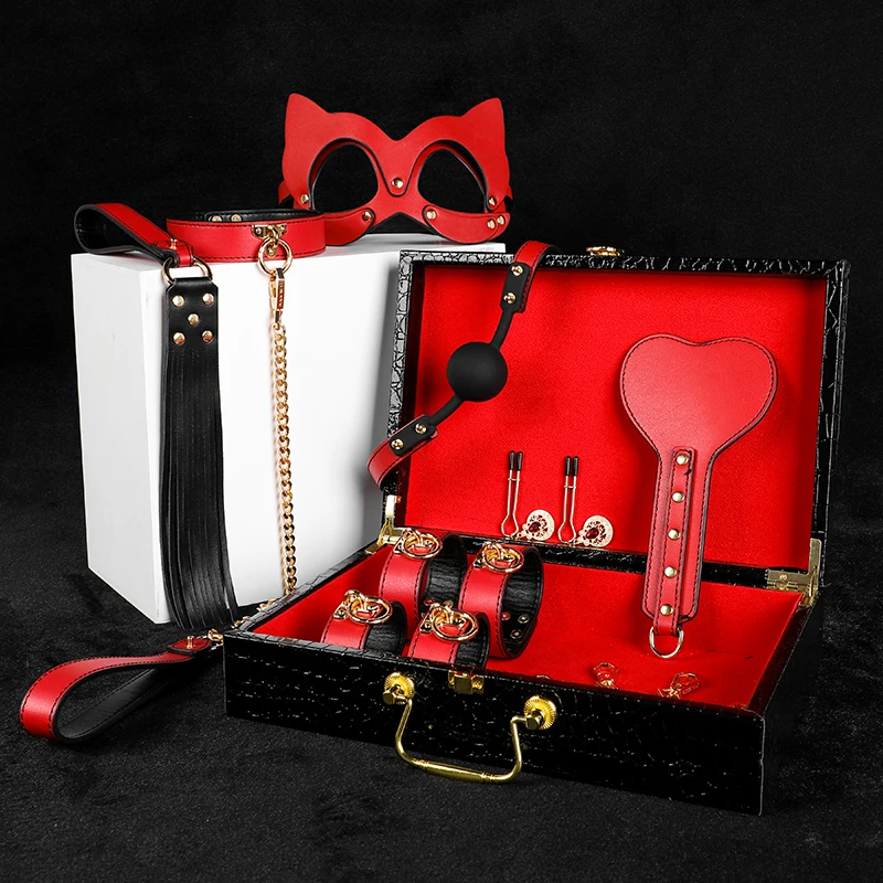 Red Genuine Leather Bondage Set BDSM Sex Toys Kits Restraint Handcuffs Collar Gag Whip Erotic Products Women Couples Adult Games