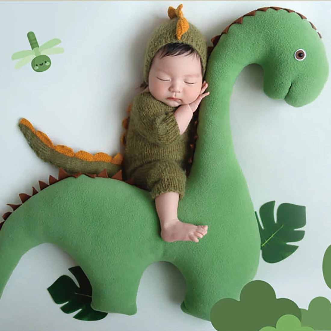 

Green Dragon Jumpsuit And Bonnet Set Knitted Mohair Romper Baby Outfit Newborn Photography Clothing Infant Overalls Photo Prop