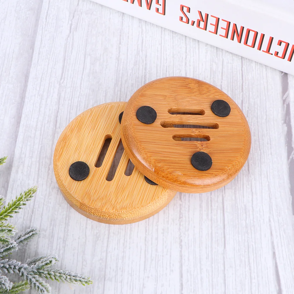 

3pcs Bamboo Dish Round Hollow Design Soap Holder For Bathroom Kitchen Drying Tool Bamboo Soap Container Storage Rack