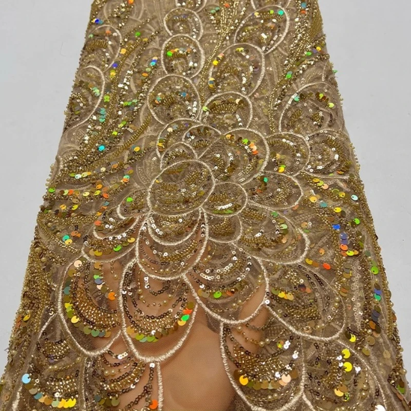 

French luxurious lace mesh fabric, high-quality African beaded, sequined and embroidered lace fashionable edge fabric
