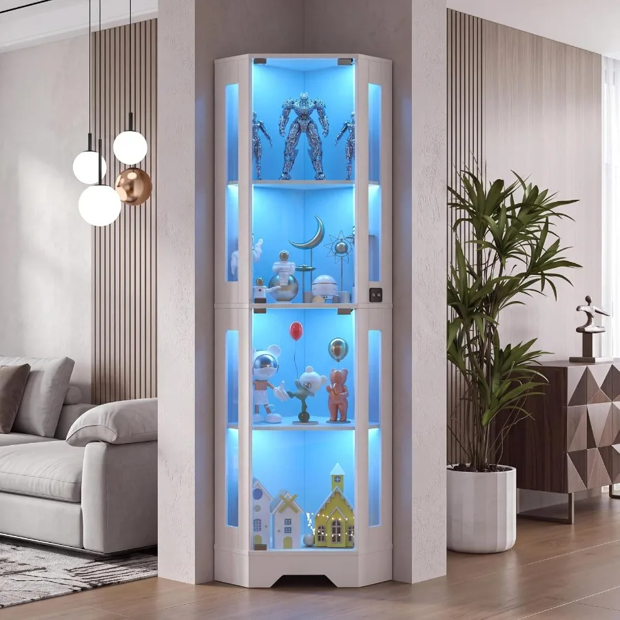 Corner display cabinet for living room, MDF wood, black, 4-tier with adjustable shelves and built-in LED lights