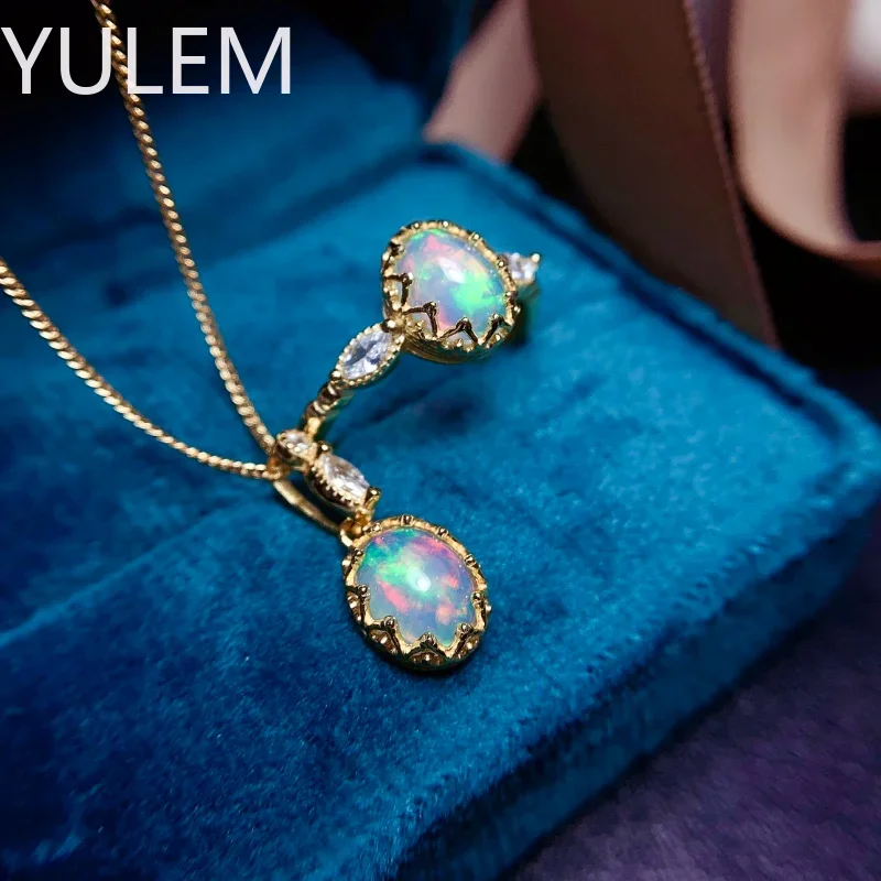 YULEM 925 Sterling Silver Natural Opal Colored Stone Jewelry Set Earrings Ring Pendants Ladies Charm Jewelry Luxury