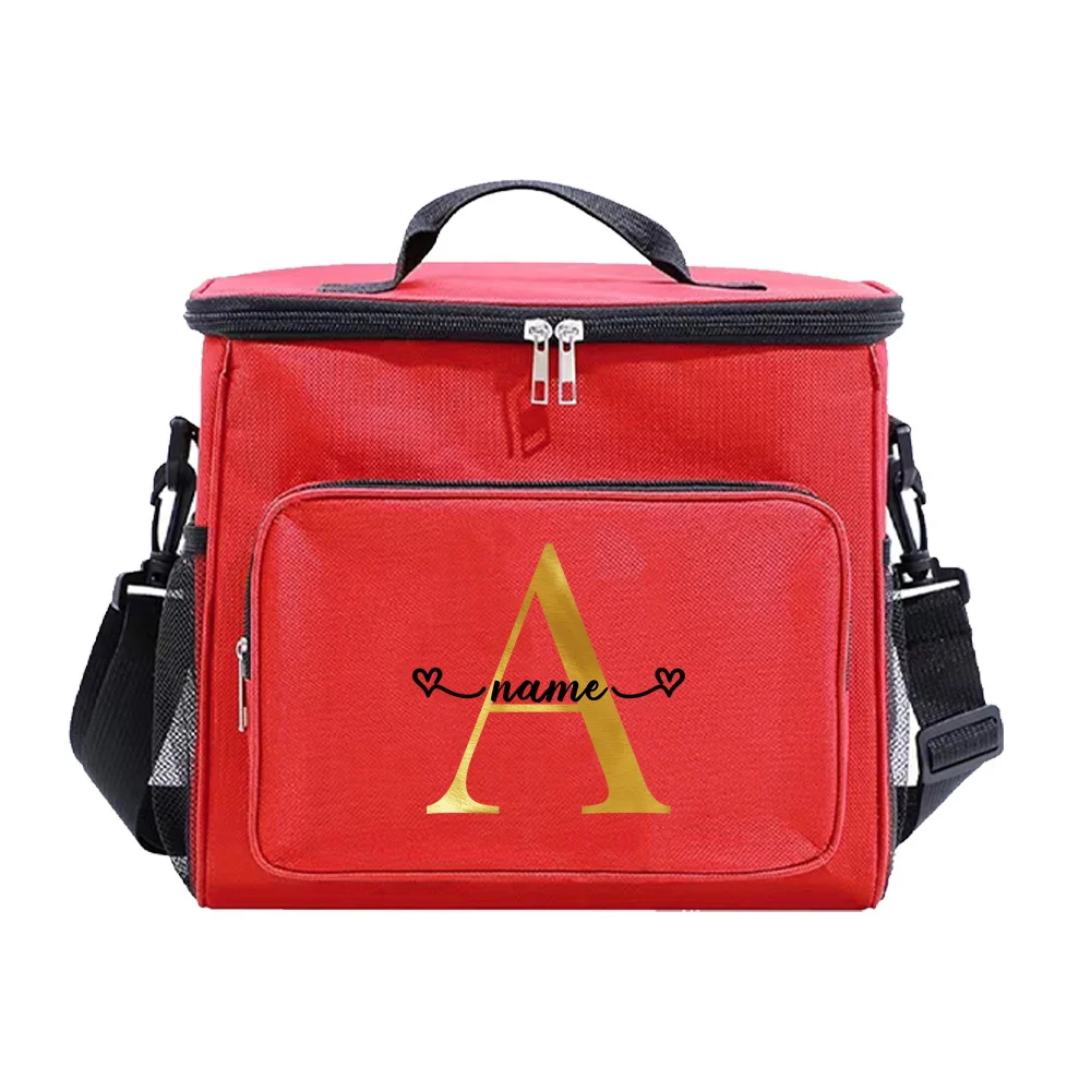 Customizable Name Red Lunch Bag Insulated Handbag Multi Functional Picnic Lunch Box Waterproof Lunch Box Gold Letter Series