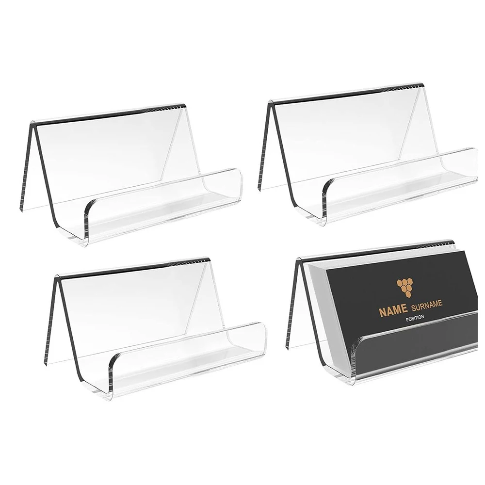 4 Pack Business Card Stand for Workspace, Clear Plastic Name Cards Display Holder for Exhibition, Home and Office