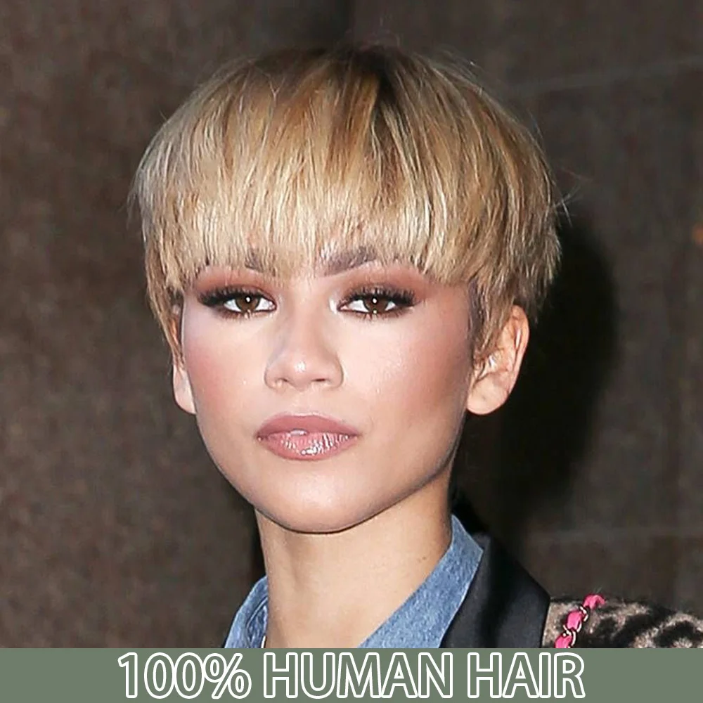 

Black And Blonde Short Pixie Cut Wig with Bangs | 180% Density Remy Human Hair, Full Machine-Made Straight Hair