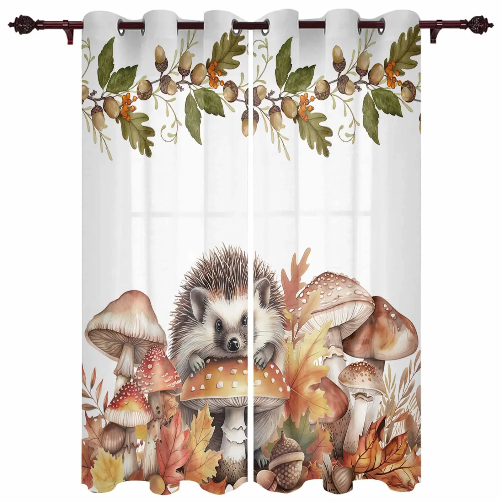 Autumn Leaves Pumpkin Mushroom Hedgehog Curtains for Living Room Window Curtain for Bedroom Modern Indoor Home Decor Curtains