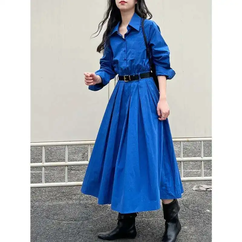 Frauen Polo Kragen Hemd Kleid Frühling Langarm Reine Baumwolle Hohe Taille Gefaltete Tasche Midi Kleid Mit Gürtel