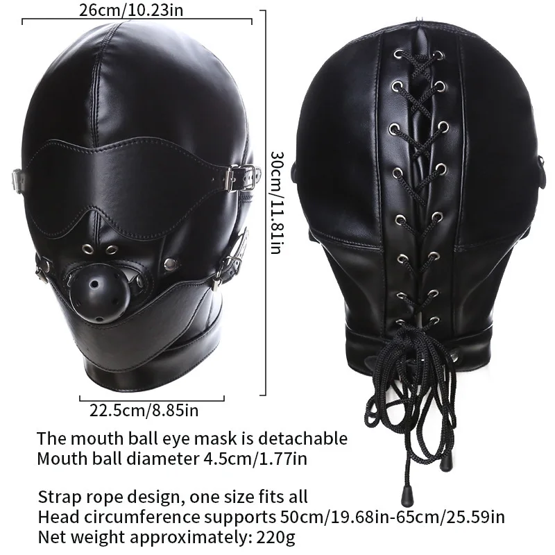BDSM Full Face Sex Mask Hood Headgear Set Eye Blind SM Slave Mouth Ball Gag Adjustable Head Size Adult Sex Cosplay Bondage Gears view 3