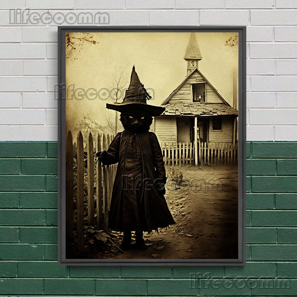 لوحة فنية على القماش لتزيين المنزل ، ملصق حيوان غامق قوطي ، قطة سوداء ، ساحرة ، صور عتيقة ، طباعة أكاديمية داكنة #5