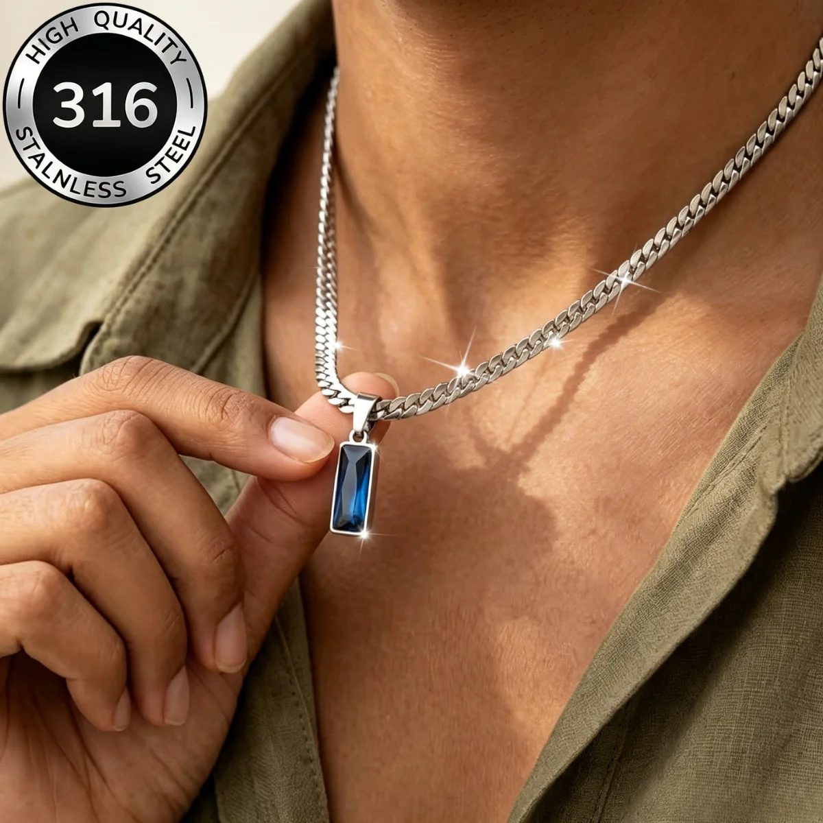 Trendige Herren-Halsketten mit geometrischem quadratischem blauem Steinanhänger, silberfarbene kubanische Gliederkette, Hip-Hop-Schmuck, Geschenke für ihn