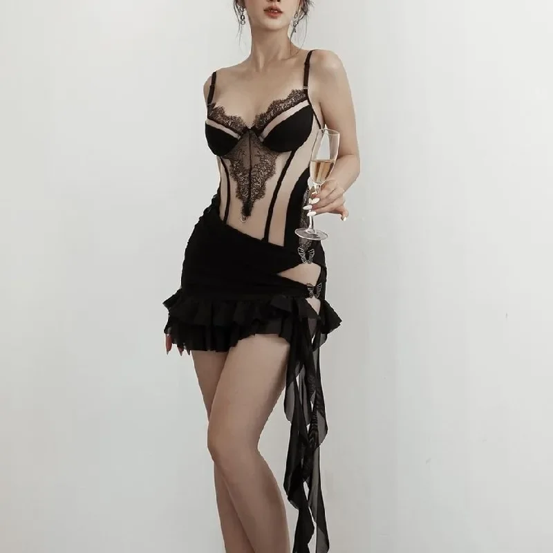 Costume de batterie sexy pour femmes, ensembles de lingerie en maille mince, jupe irrégulière, mode ronde, noir chaud, boîte de nuit, olympiques 2 pièces