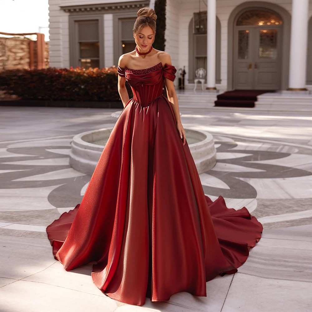 Arab Evening Dress Customized Off The Shoulder Pearls Pleat Corset Formal Prom Gown Court Train Arabian Party Dresses