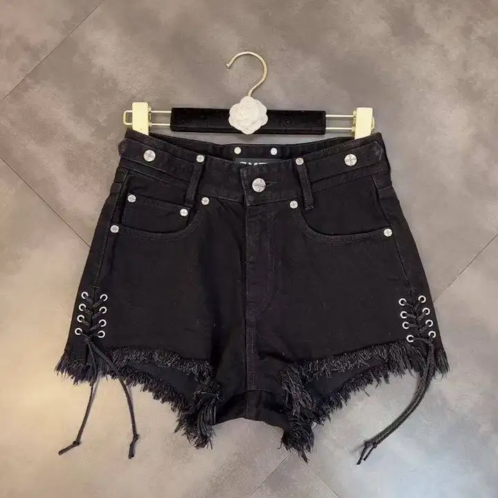 Summer 2026 High Waist Denim Shorts Side Braid Patchwork Frayed Cross Pattern Sweet Cool Dark Style Trendy Women's Jeans