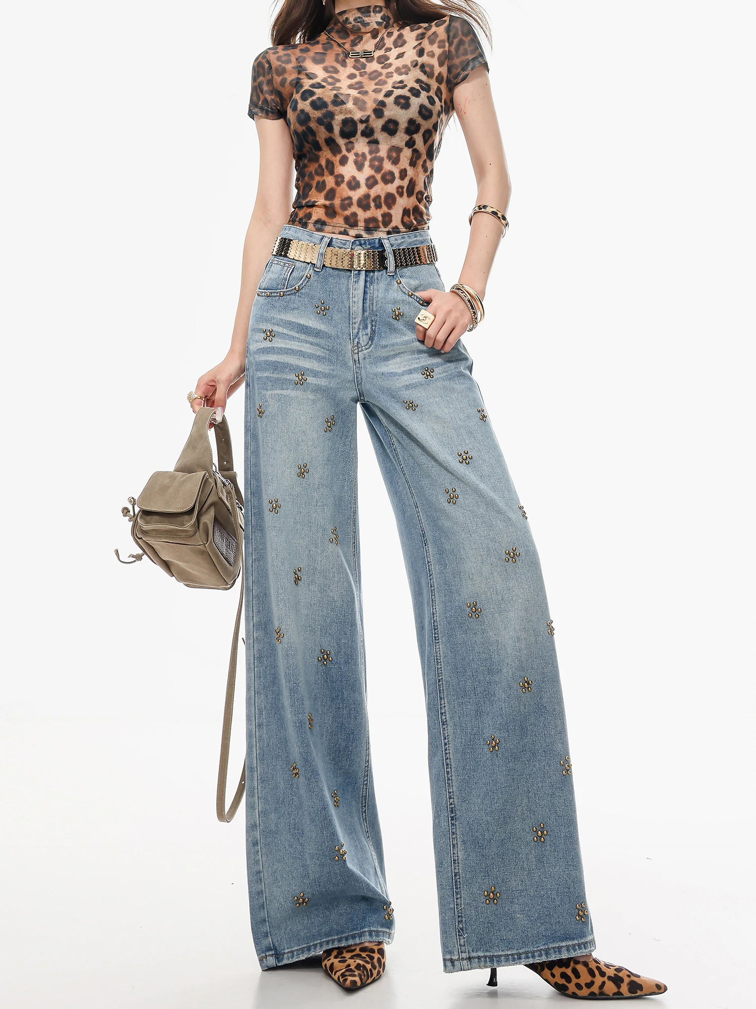 

ABWLR Classical Party Original High Street Floral Decoration Wide Leg Jeans Women's Light Blue Design Sense Floor-Length Pants