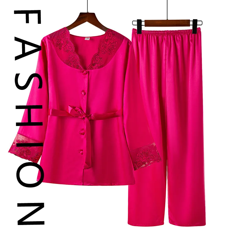 

Ice silk pajamas women's 2022 summer long-sleeved suit spring and autumn sexy lace cardigan women's loungewear women's breathabl