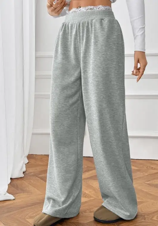 

Casual Women's Spring and Summer Solid Color High Waisted Lace Patchwork Pants with Fashionable Straight Leg Waist Design