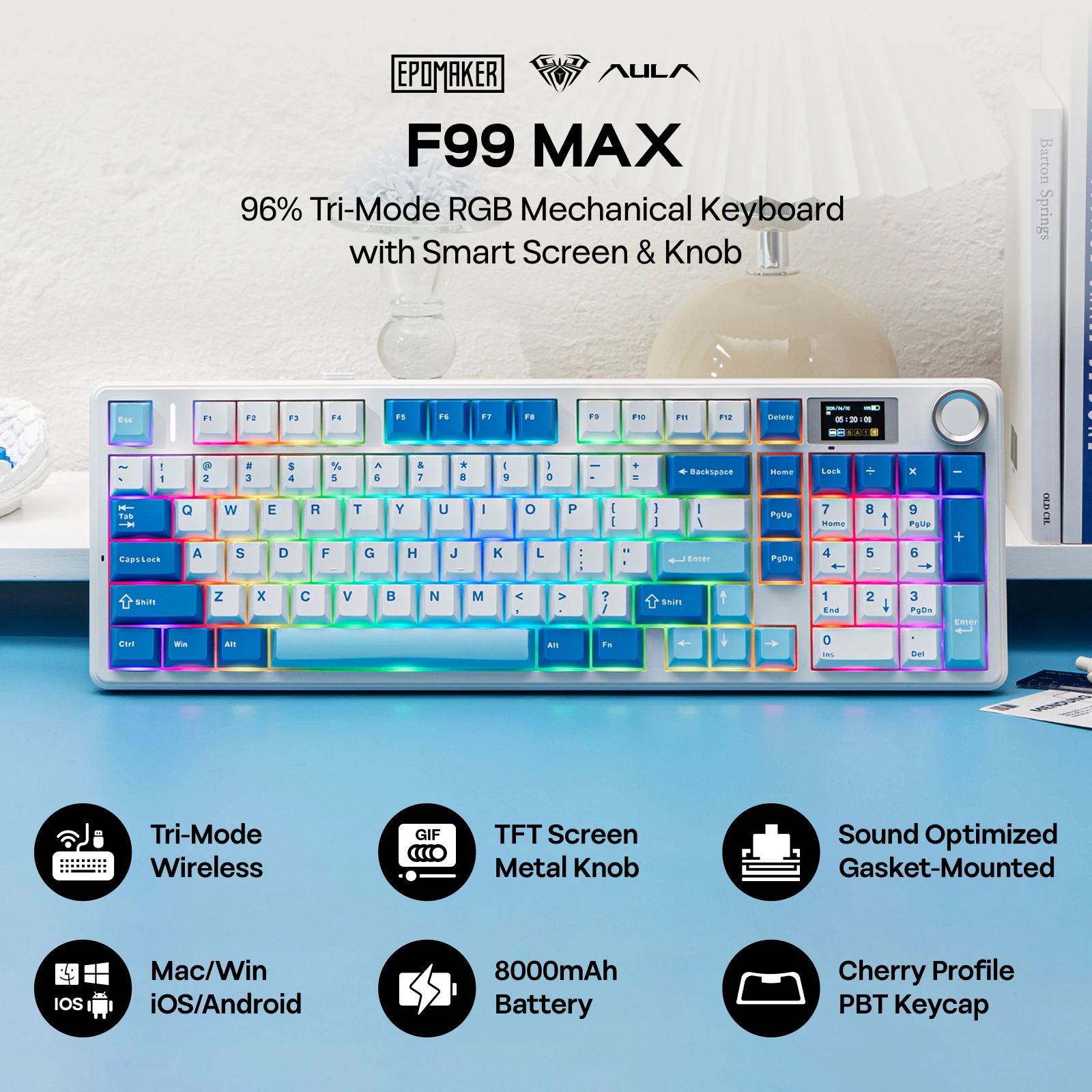 EPOMAKER × AULA F99 MAX(Co-Branded Version) 96% ANSI US Layout Tri-mode Wireless Mechanical Gaming Keyboard with 8000mAh Battery