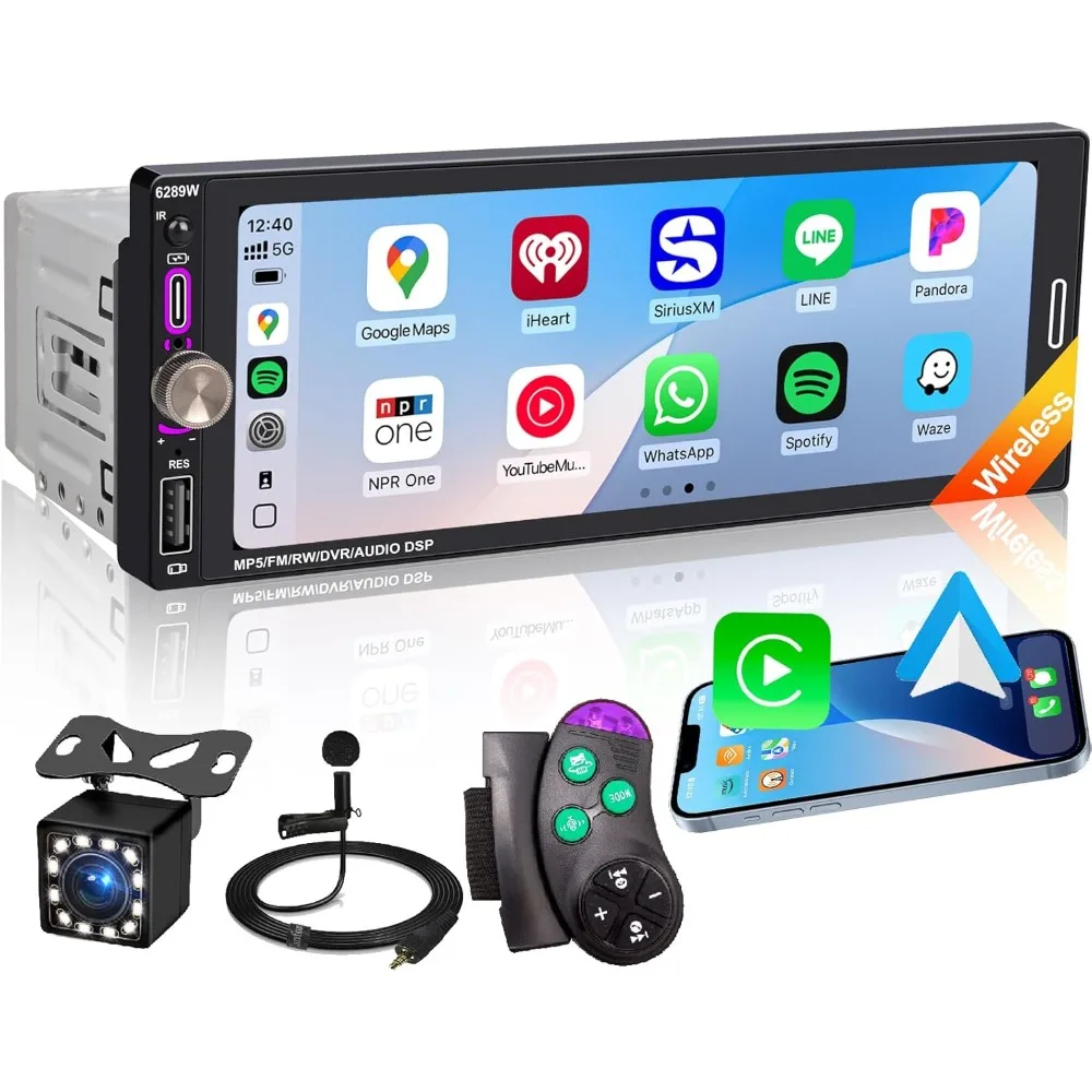 

6.9" Single DIN Car Radio with Wireless Apple CarPlay, Car Bluetooth 5.2, AM FM Radio, IPS Touchscreen 1280x480, Backup Camera,