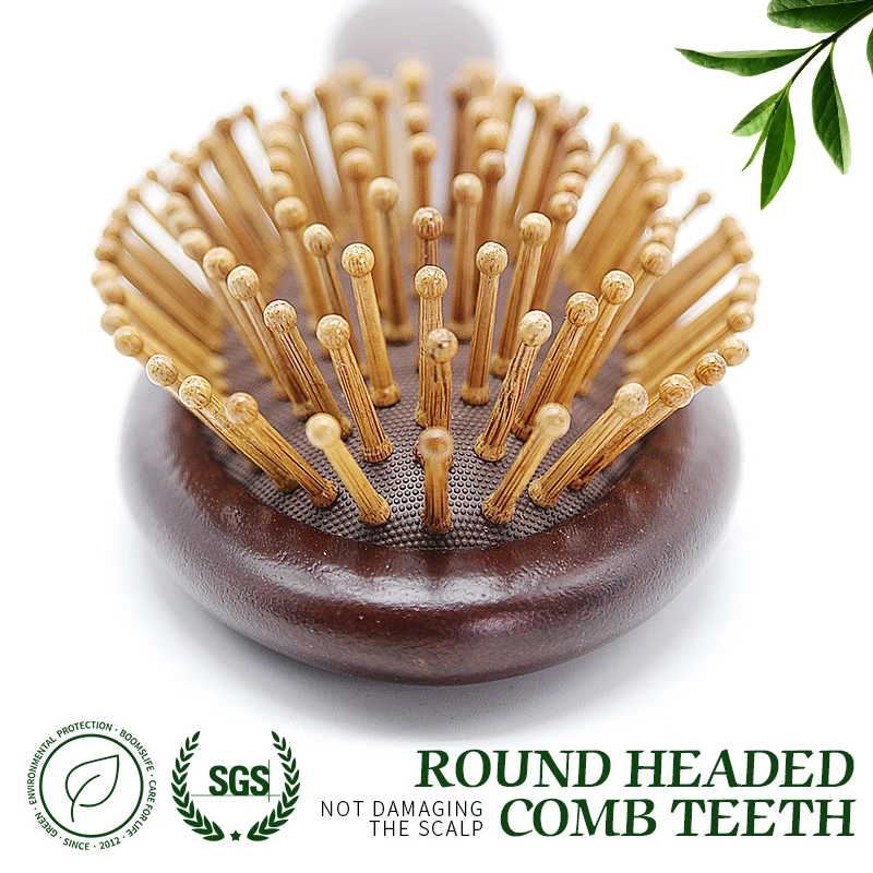 فرشاة شعر من خشب الصندل للنساء لتدليك فروة الرأس وأسنان خشبية واسعة مع فرشاة شعر مستديرة ومشط مضاد للكهرباء الساكنة لأداة تجميل الشعر