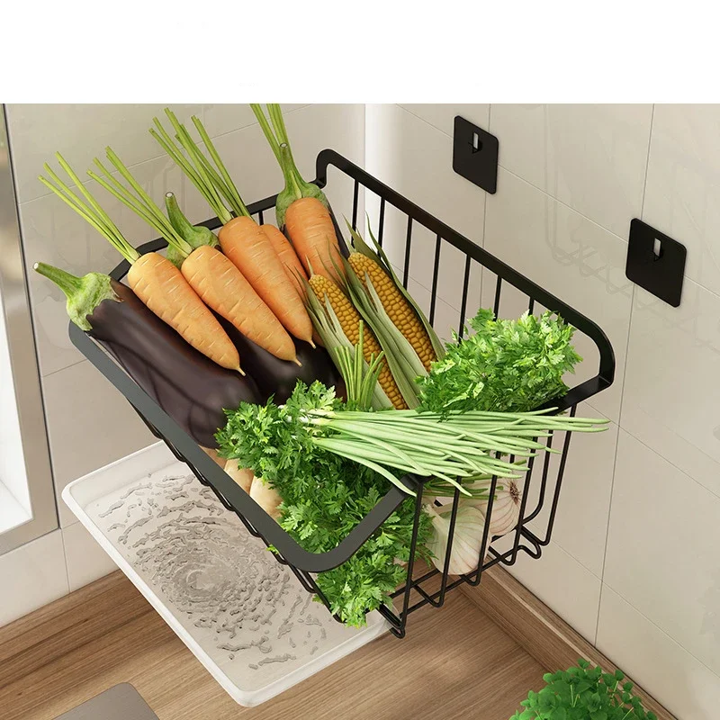 Silver Stainless Steel Kitchen Wall Hanging Storage Basket Spice Rack Fruit Vegetables Drainer Organizer Dish Tools Drying Shelf