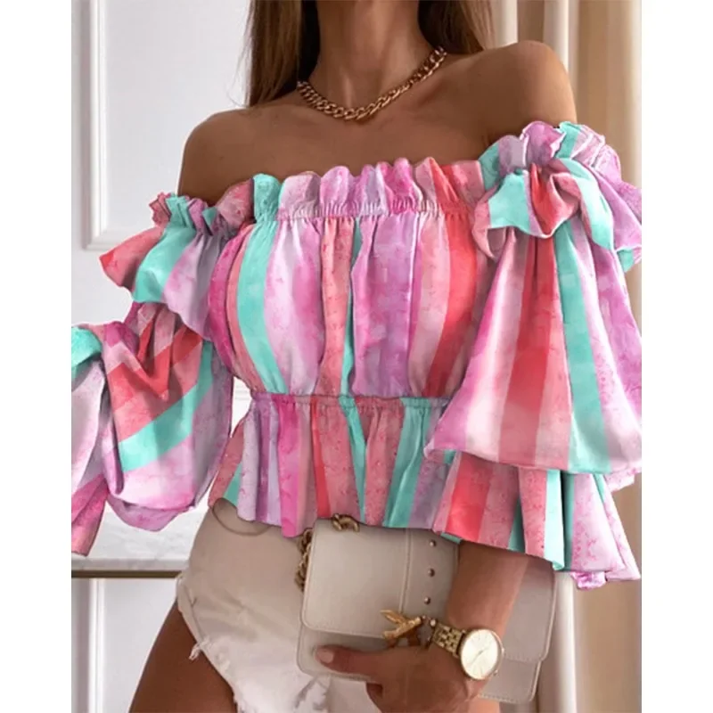 Spring Summer Women\'s Fashion Leisure Shirt Print Stacked Sleeve Middle Sleeve Shirt One Line Neck Off Shoulder Pleated Shirt