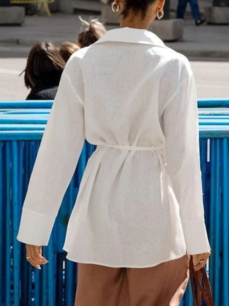 White Cotton Linen Shirts Women Wrap Lace-Up Lapel Casual Elegant Blouses Office Ladies Sunwear 2025 Long Sleeve Top