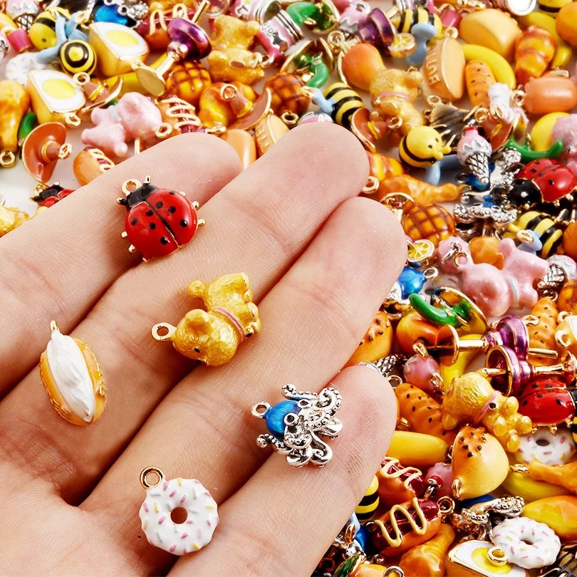 10pcs Alloy Material Charm Food Pendant Chicken Leg Bread 3D Simulate Pendant Mango Durian Pink Puppy Yellow Bee Pendants