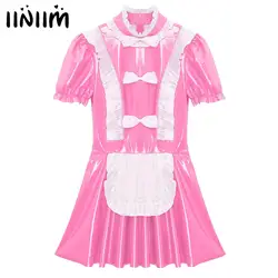 Mens Sissy French Maid Dress Ruffles Trim Bow Apron Puff Sleeve A-Line Dress Naughty Maid Uniform Glossy Patent Leather Clubwear