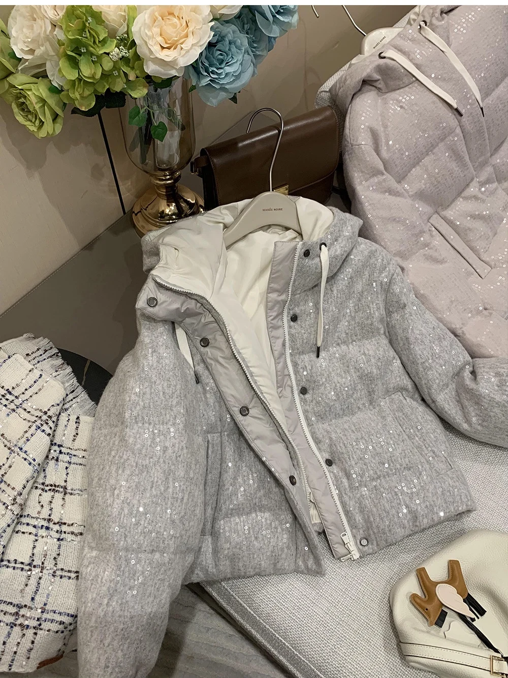 Heavy Sequined Cashmere Knitted Goose Down Jacket For Women With Hood, All-Match, Loose, Light And Warm Down Jacket