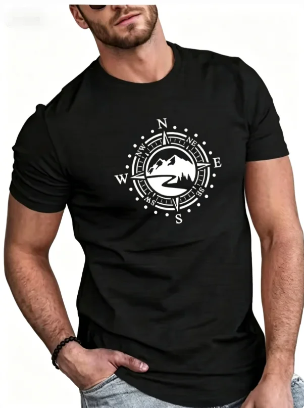 Men's Summer Cotton Fashionable Casual Loose Plus Size Compass Pattern Printed Sports Round Neck Short Sleeved T-shirt Top Soft.