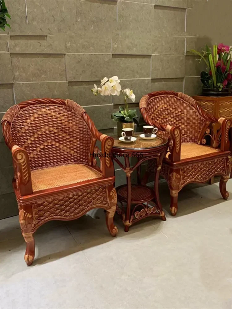 Home natural rattan chair three-piece balcony tea table chair combination casual single backrest