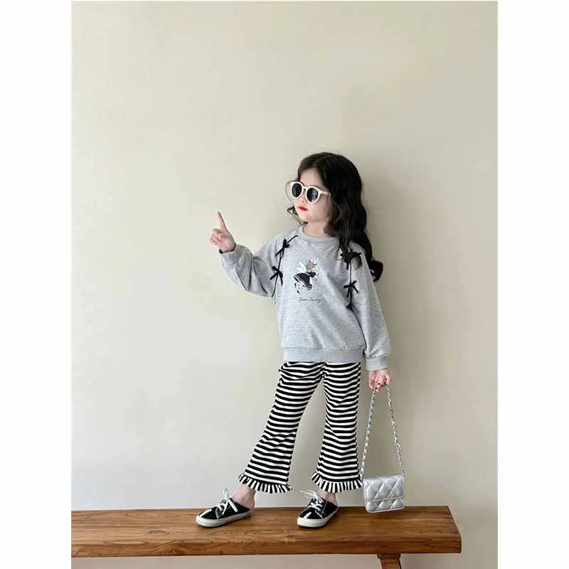 Girls Cartoon Spring Autumn Sets Kids Cute Sweatshirt Striped Pants 2 Pieces Children\'s New Fashion Casual Sports Suit 2-8 Years