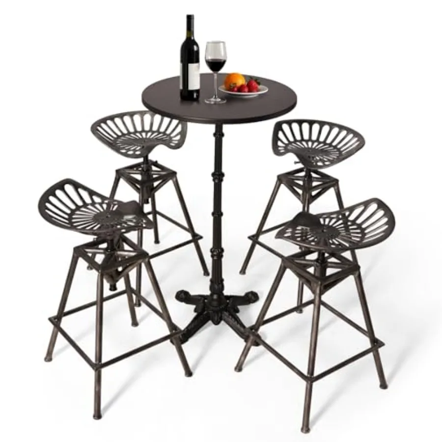 

5-Piece Bar Table and Chairs Set - 43.3" Tall Roman Column Table and Adjustable Swivel Cast Iron Tractor Seat Bar Stools - Bar