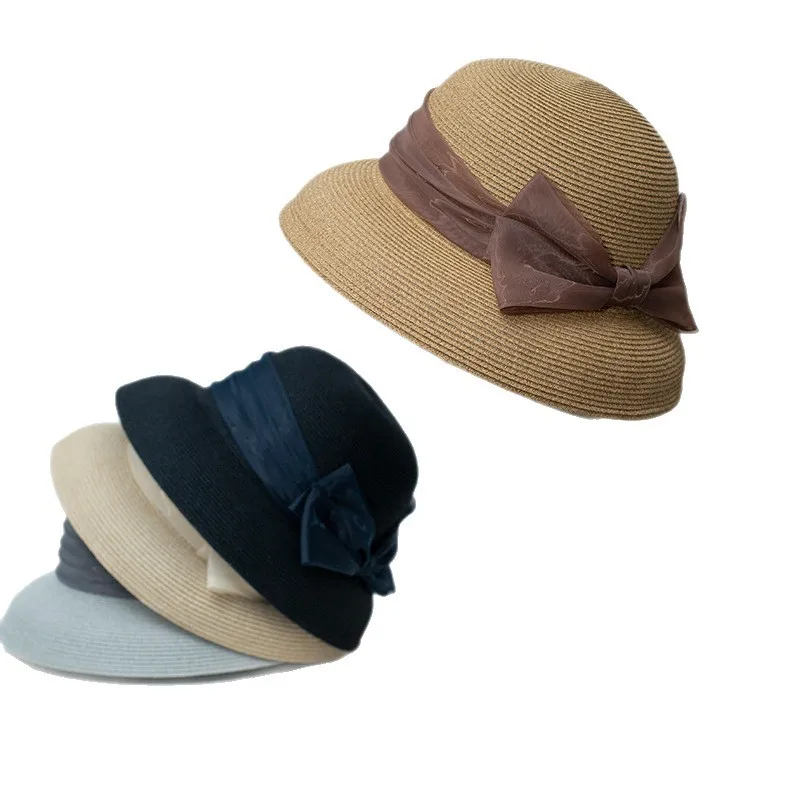 

Women's French Retro Wide Brim Straw Fisherman Hat,Hepburn Style Organza Bow,Foldable Beach Sun Cap,Summer Outdoor UV Protection